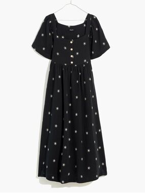 Madewell Daisy Embroidered Lightspun Square-Neck Midi Dress